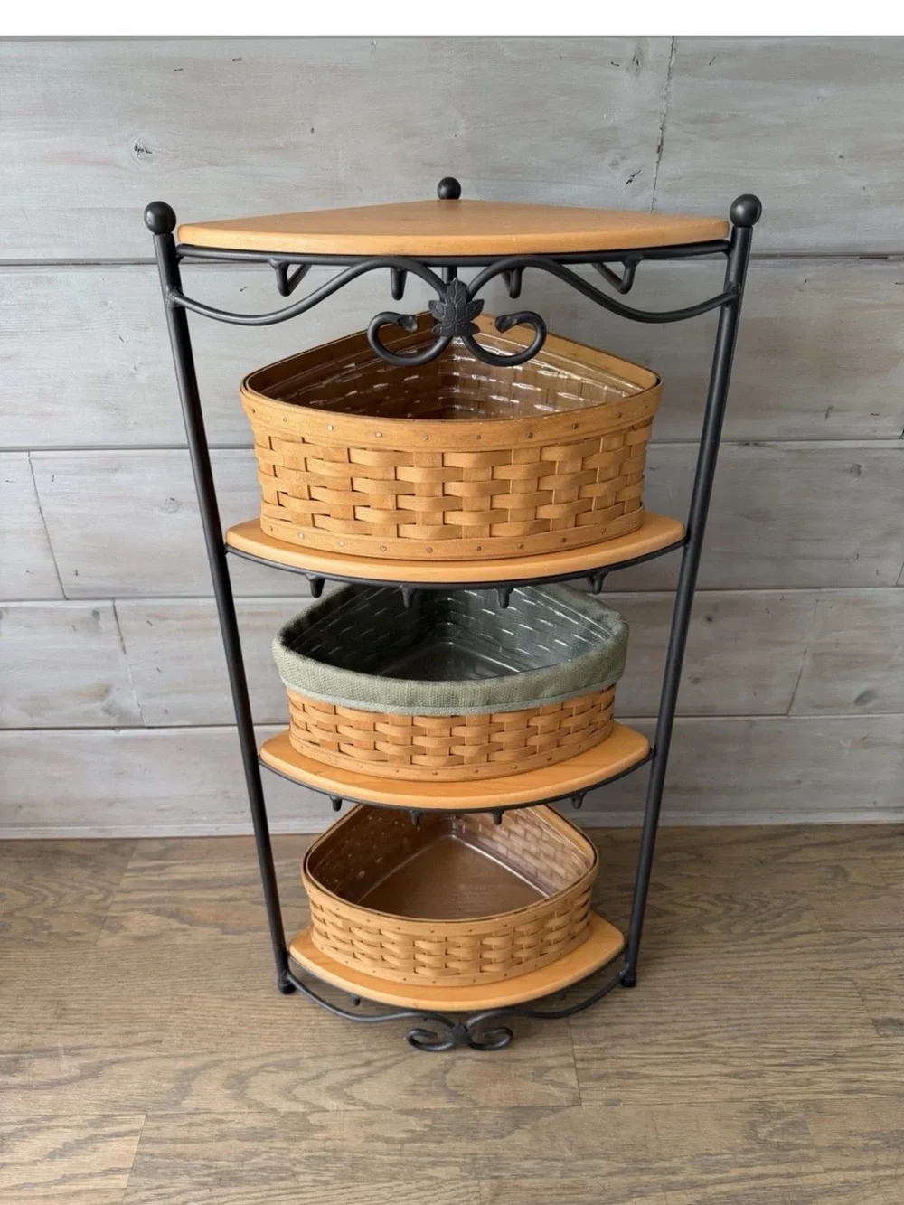 Longaberger Wrought Iron Large Corner Rack Stand & 4 woodcrafts shelves & Basket